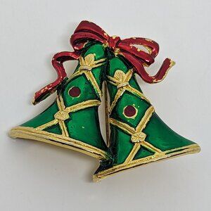 Vintage SFJ Christmas Bell Brooch Pin Gold-Tone Enamel Festive Holiday 2"